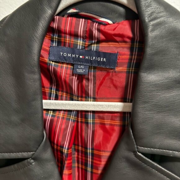 Tommy Hilfiger Black Faux Leather Motorcycle Jacket with Red Plaid Lining - Picture 2 of 5